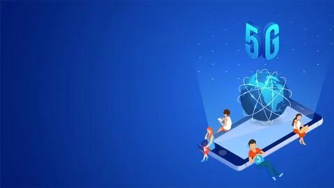 5G mobile internet network service concept, 3d illustration of smartphone w.. Stock Illustration
