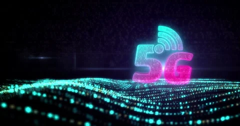 5G mobile wireless network technology symbol on flowing digital waves Stock Footage 313193627