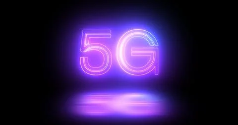 5G neon background text moving animation on black background, concept of gl.. Illustrazione stock