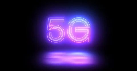 5G neon background text moving animation on black background, concept of gl.. Illustrazione stock