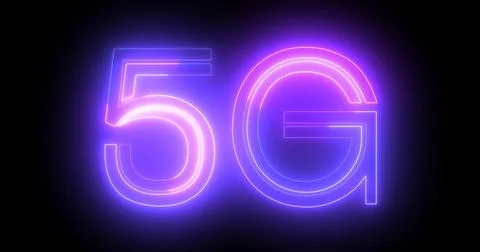 5G neon background text moving animation on black background, concept of gl.. Ilustração Stock