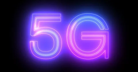 5G neon background text moving animation on black background, concept of gl.. Illustrazione stock