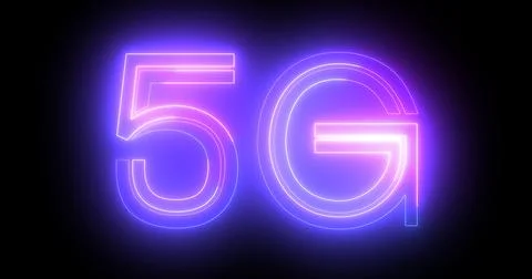 5G neon background text moving animation on black background, concept of gl.. Ilustração Stock