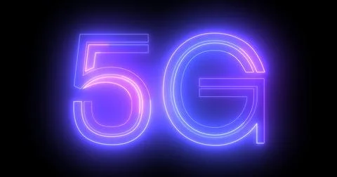 5G neon background text moving animation on black background, concept of gl.. Ilustração Stock