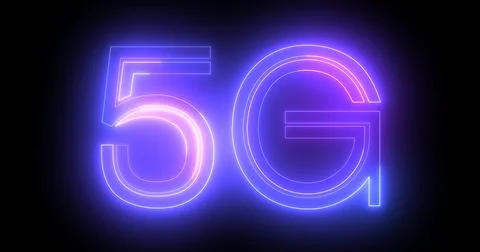 5G neon background text moving animation on black background, concept of gl.. Illustrazione stock