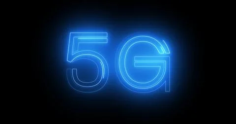 5G neon background text moving animation on black background, concept of gl.. Illustrazione stock
