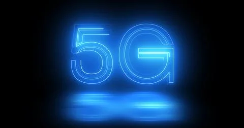 5G neon background text moving animation on black background, concept of gl.. Illustrazione stock