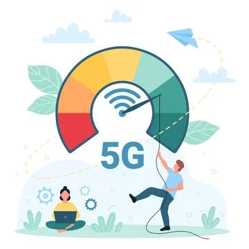 5G network, broadband internet connection speed increase, tiny man pushing arrow Stock Illustration