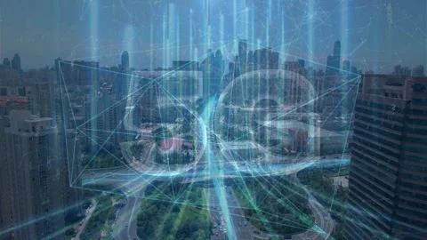 5G Network Hologram Over Smart City Skyline Aerial Stock Footage 336009932