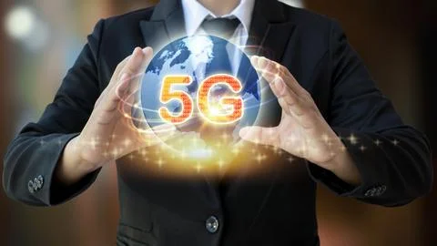 5g network icon and internet network in businessman's hands, 5G wireless ne.. Stock Photos