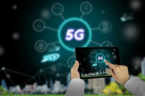 5G network interface and icon concept,businessman using tablet with citysca.. Stock Photos