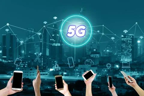 5G network interface and icon concept,hand holding mobile smart phone with .. Stock Photos