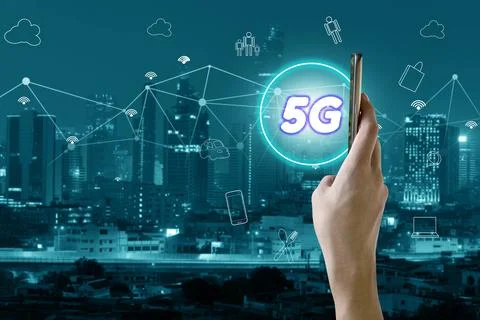 5G network interface and icon concept,hand holding mobile smart phone with .. Stock Photos