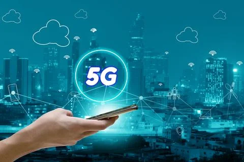 5G network interface and icon concept,hand holding mobile smart phone with .. Stock Photos