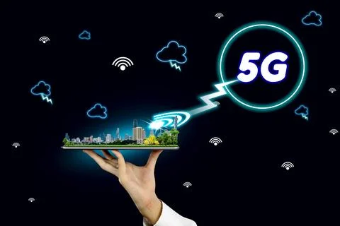 5G network interface and icon concept,businessman holding a tablet with cit.. Stock Photos