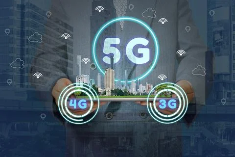 5G network interface and icon concept,Double exposure with businessman hold.. Stock Photos
