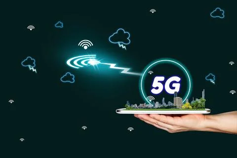 5G network interface and icon concept,hand holding mobile smart phone with .. Stock Photos