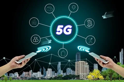5G network interface and icon concept,hand holding mobile smart phone with .. Stock Photos