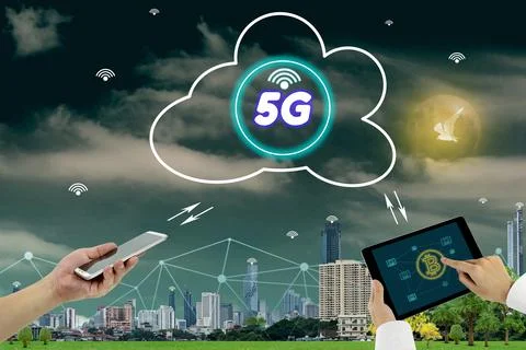5G network interface and icon on cloud concept,businessman using tablet and.. Stock Photos