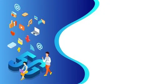 5G network internet data service concept, 3d text 5G with social media user.. Stock Illustration