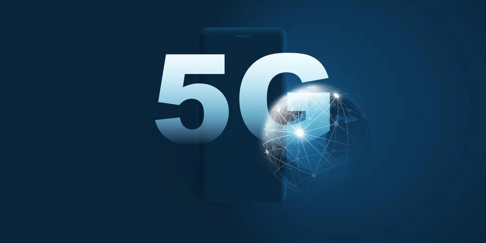 5G Network Label with Earth Globe, Smart Phone Symbol and Polygonal Mesh - .. Stock Illustration