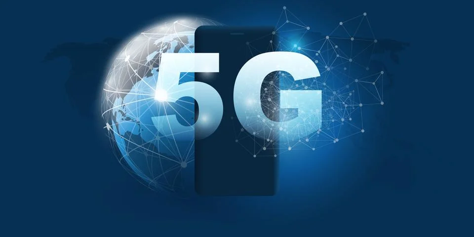 5G Network Label with Earth Globe, Smart Phone Symbol and Polygonal Mesh Ba.. Stock Illustration