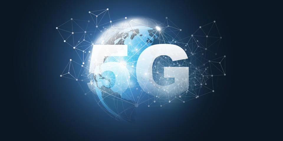 5G Network Label with Earth Globe and Polygonal Mesh Background - High Spee.. 스톡 일러스트
