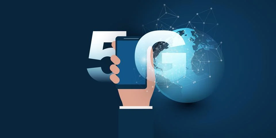 5G Network Label with Earth Globe and Smart Phone in Businessman's Hand -  .. 스톡 일러스트