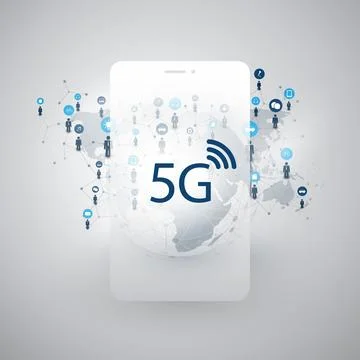 5G Network Label with Icons Representing Various Kind of Devices and Servic.. Stock Illustration