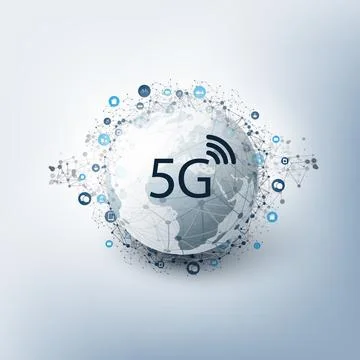 5G Network Label with Icons Representing Various Kind of Devices and Servic.. Illustrazione stock