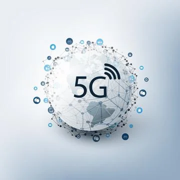 5G Network Label with Icons Representing Various Kind of Devices and Servic.. Illustrazione stock