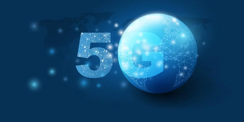 5G Network Label with Polygonal Mesh Patterned Continents of an Earth Globe.. Stock Illustration