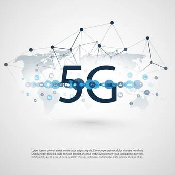 5G Network Label with Polygonal Mesh, Icons and World Map - High Speed, Bro.. Stock Illustration