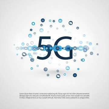 5G Network Label with Ring of Icons Representing Various Kind of Devices an.. Illustrazione stock