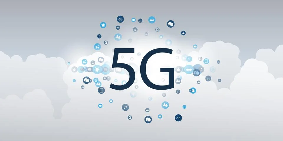 5G Network Label with Ring of  Icons Representing Various Kind of Devices a.. Illustrazione stock