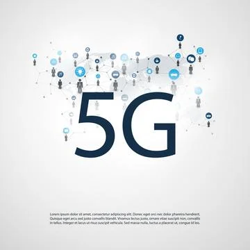 5G Network Label with Wire Mesh, Icons and World Map - High Speed, Broadban.. Stock Illustration