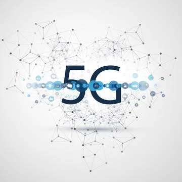 5G Network Label with Wireframe and Icons - High Speed, Broadband Mobile Te.. Stock Illustration