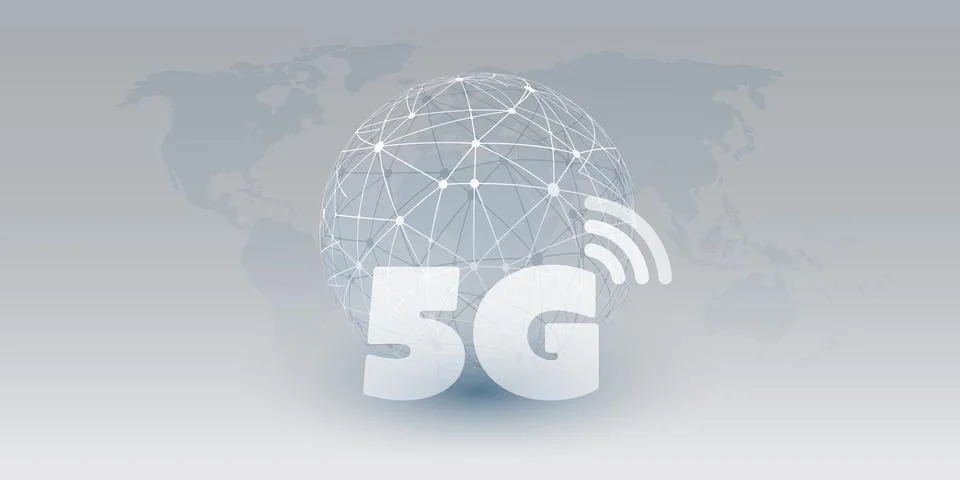 5G Network Label with Wireframe Globe - High Speed, Broadband Mobile Teleco.. Stock Illustration