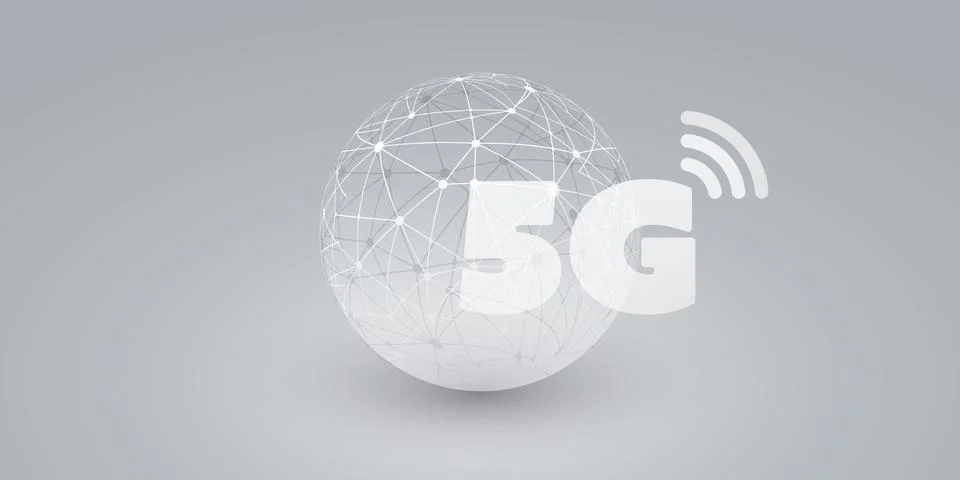 5G Network Label with Wireframe Globe - High Speed, Broadband Mobile Teleco.. Stock Illustration