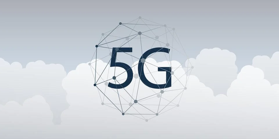 5G Network Label with Wireframe Globe - High Speed, Broadband Mobile Teleco.. Stock Illustration
