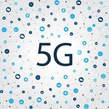 5G Network Label with Wireframe Mesh and  Icons Representing Various Kind o.. Stock Illustration