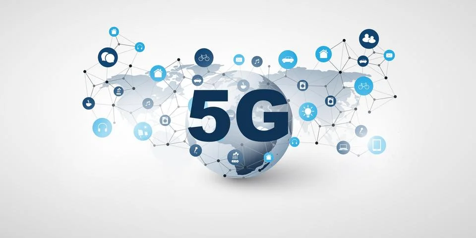 5G Network Label with World Map, Earth Globe, Icons and Network Mesh - High.. Stock Illustration