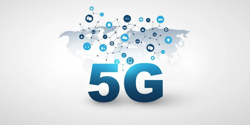5G Network Label with World Map, Icons and Network Mesh - High Speed Broadb.. Stock Illustration