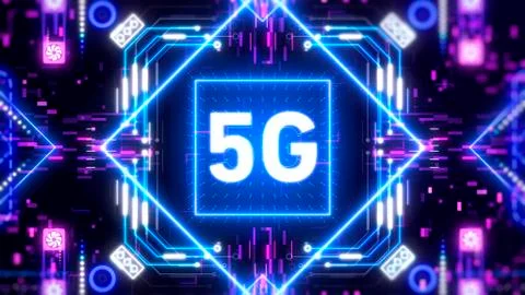 5G Network for mobile internet. Neon interface concept illustration. Illustrazione stock