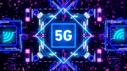 5G Network for mobile internet. Neon interface concept illustration. Illustrazione stock