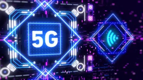 5G Network for mobile internet. Neon interface concept illustration. Illustrazione stock