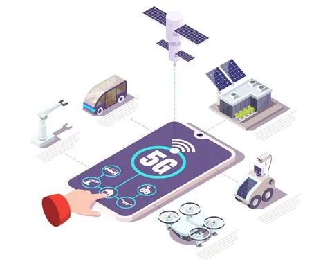 5g network mobile phone with IoT app, flat vector isometric illustration 库存插图