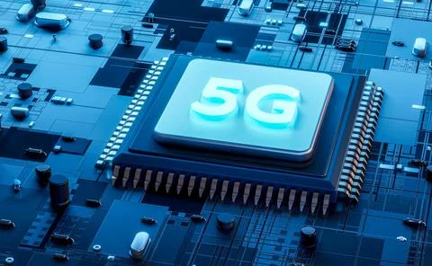 5G network processor 3D rendering, Computer mother board chip with 5G logo an Stock Illustration