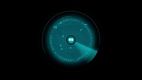 5G Network Radar Scanning HUD Gauge with Cyan Digital Data Grid 库存影片 343731465
