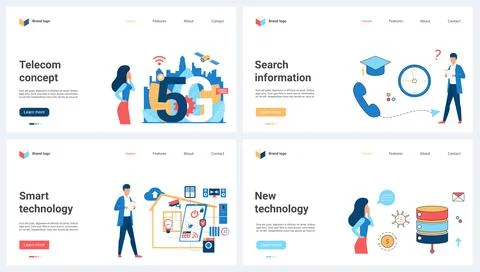 5G network, search for new information, smart home technology, IOT set and tiny Illustrazione stock